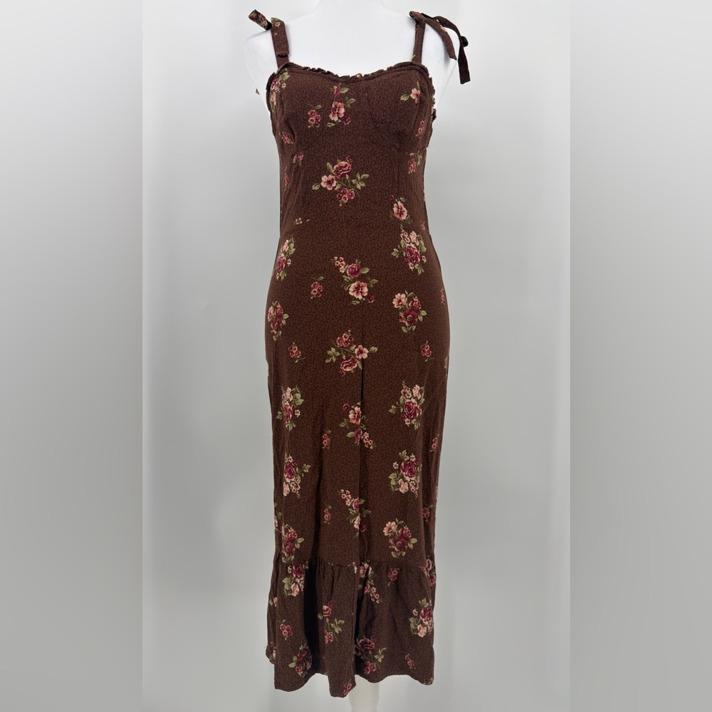 Brown Floral Tie-Strap Maxi Dress